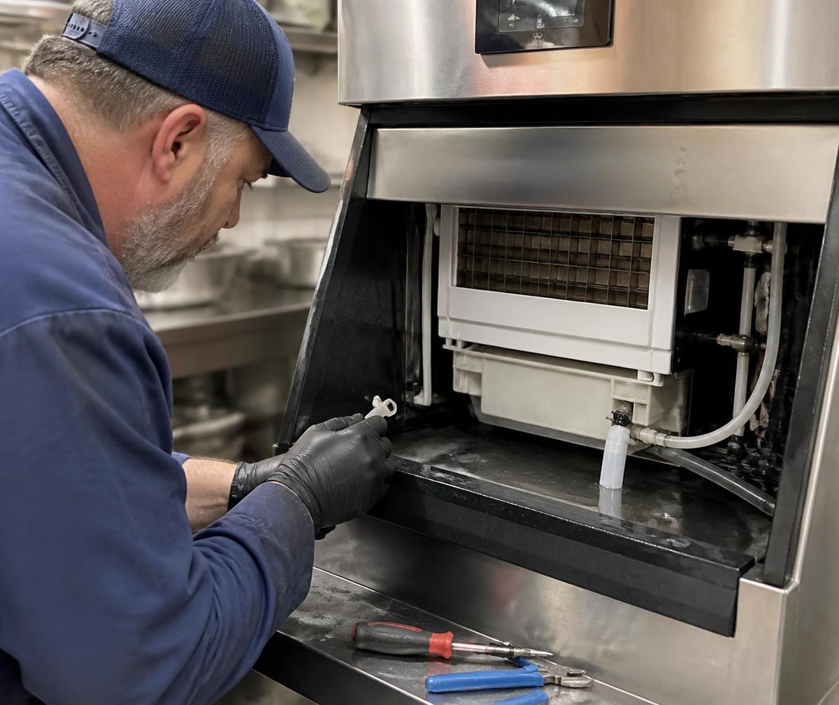IPS technician servicing a stainless steel commercial ice machine